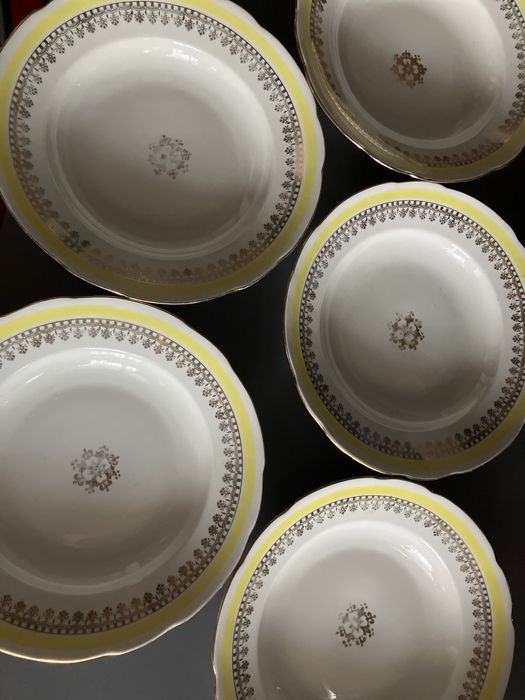 Serwis Ćmielów 5 talerzy głębokich złocone malowane zdobione duże prl