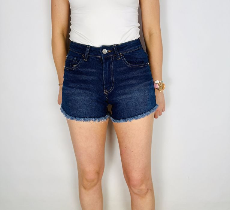 Granatowe dżinsowe szorty z postrzępionym wykończeniem XXS 32
