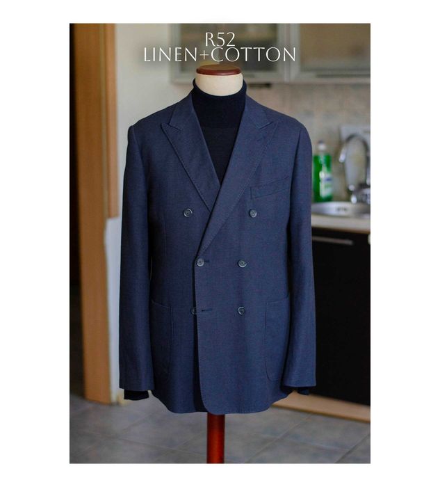 Lekki dwurzędowy blezer r52, niebieski, Dressmann, len marynarka