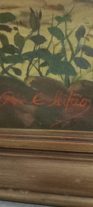 Grande Quadro Antigo a Óleo Sobre Tela – Cena de Caça com Moldura Dourada