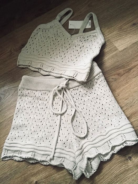 Nowy komplet  ażurowy bawełna/spodenki top bluzka cotton beżowy