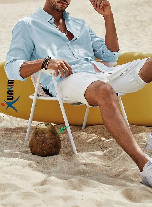 Koszula Męska Lniana z Bawełną Długi Rękaw Błękitna XXL