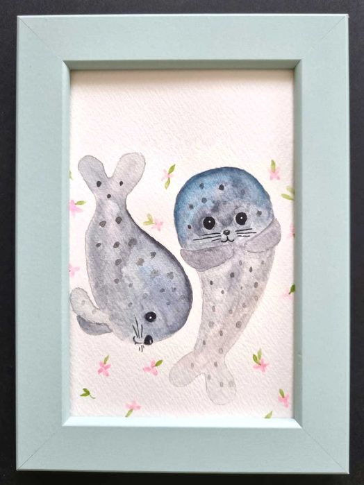 Quadro infantil para decoração com design focas (moldura incluída)