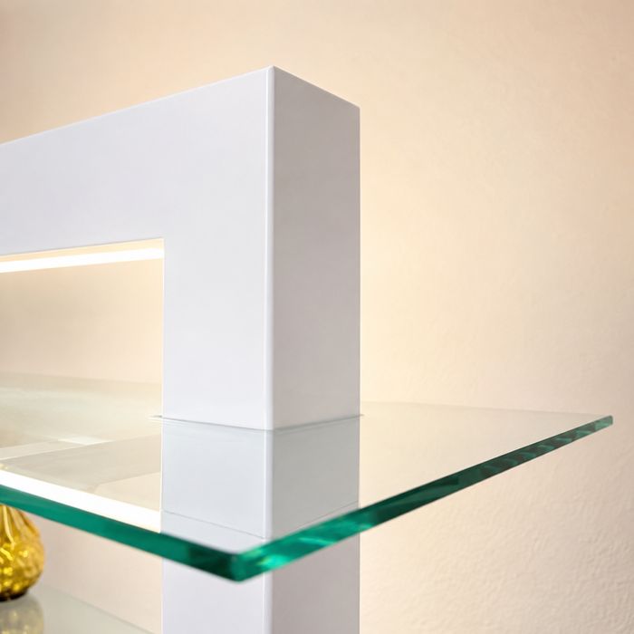 Estante moderna branca com LED e vidro temperado | 140x120 cm | Com rodas