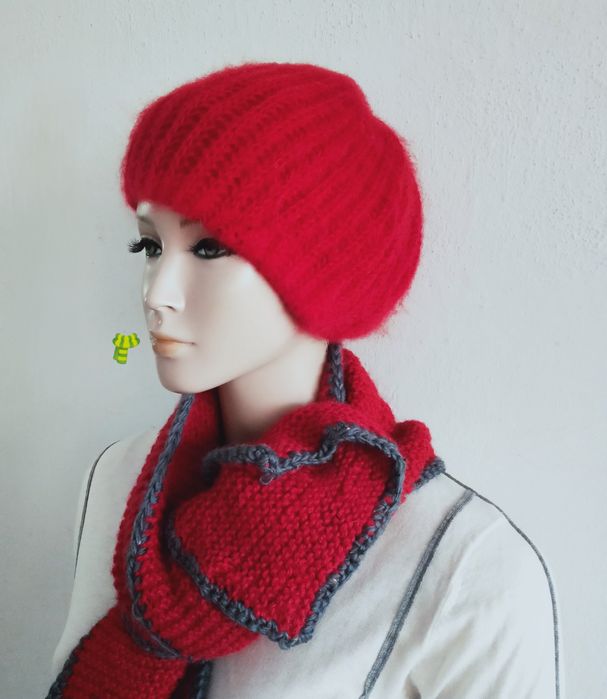 Beret moherowy, czerwony, dwuwarstwowy