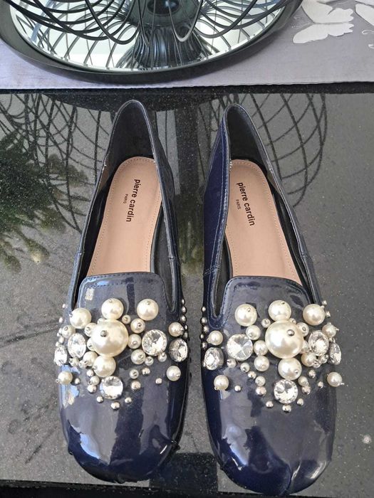 Pierre Cardin balerinki granatowe  kamenie perły eleganckie
