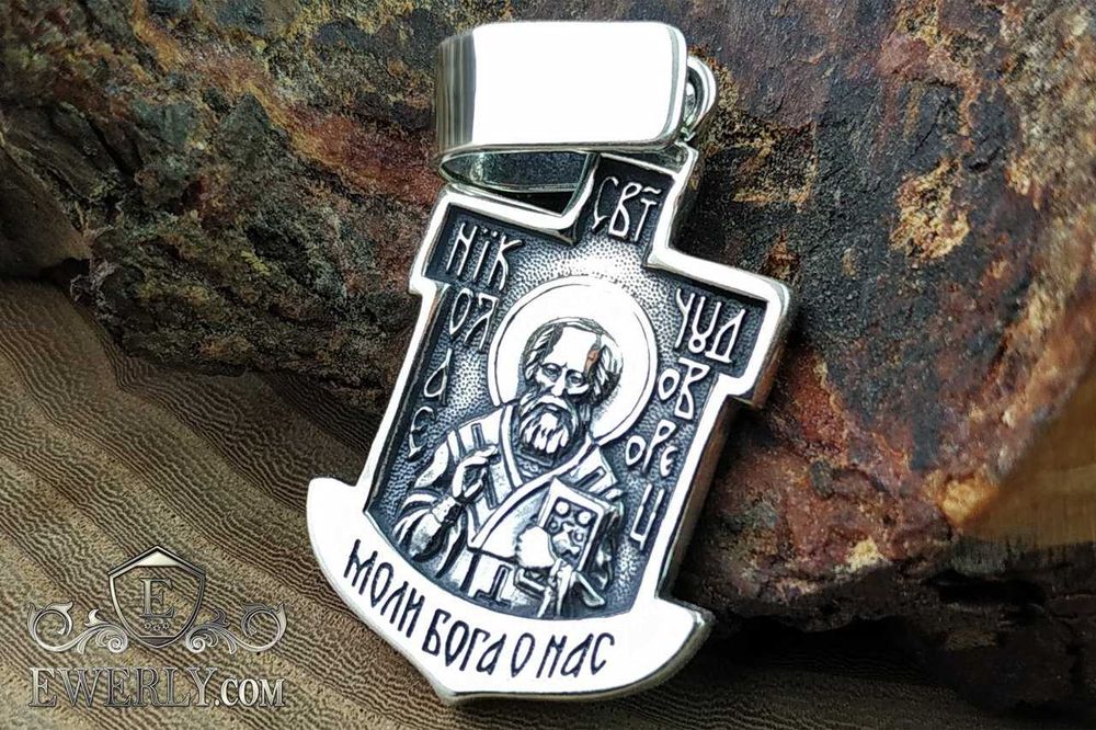 Мужская Серебряная ладанка, подвеска Николай Чудотворец + Распятие