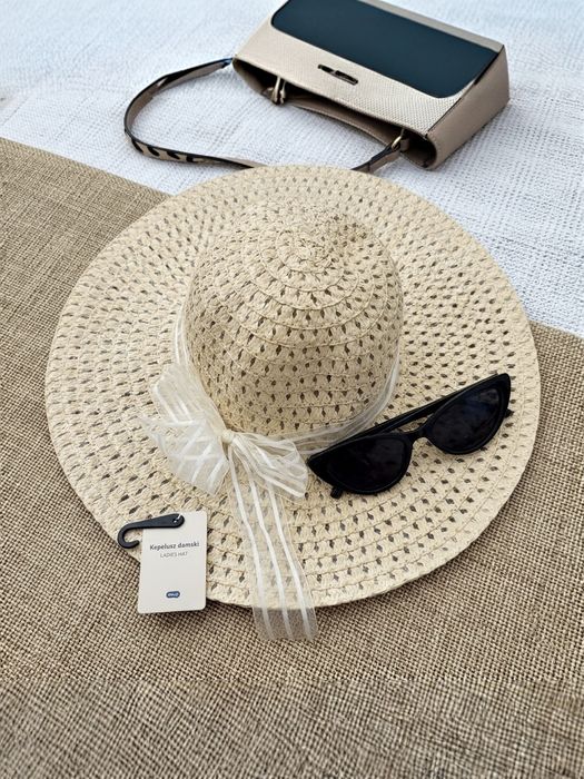 Damski kapelusz słomkowy z kokardą plażowy | Boho ażurowy
