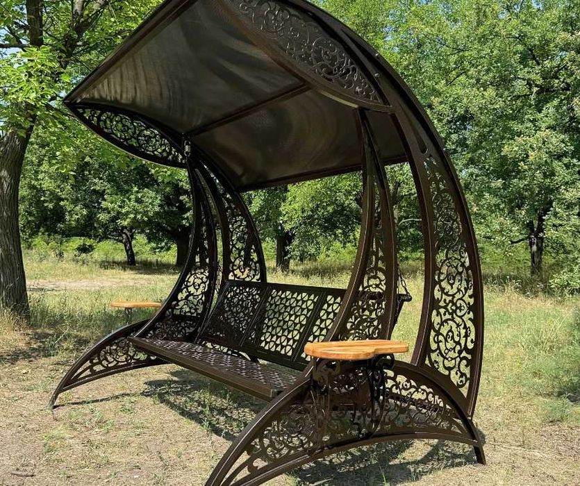 Садові гойдалки / качели "Дубай" з подушками, колір чорний/коричневий