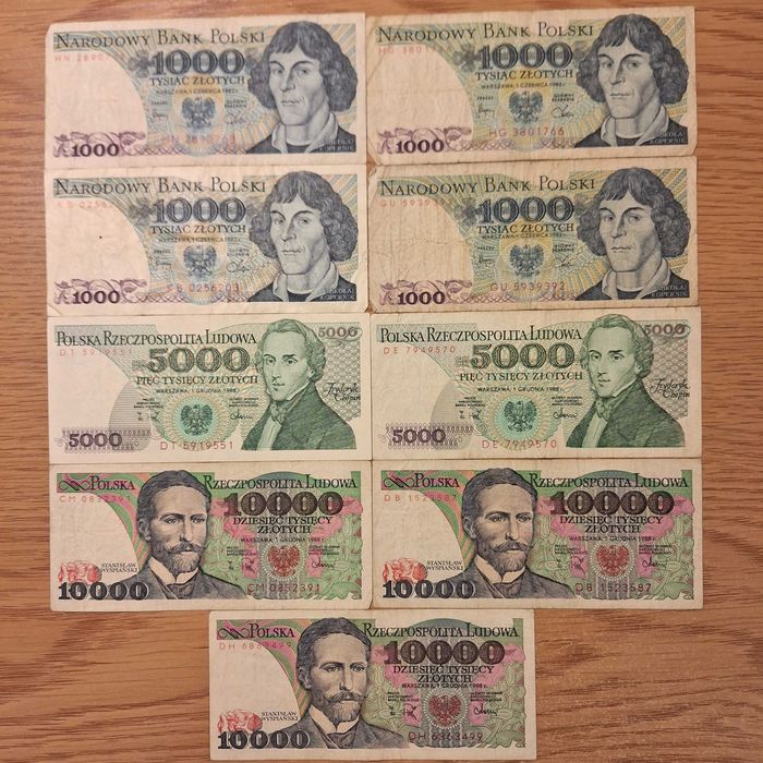 Banknoty 1000, 2000, 5000, 10000 zł