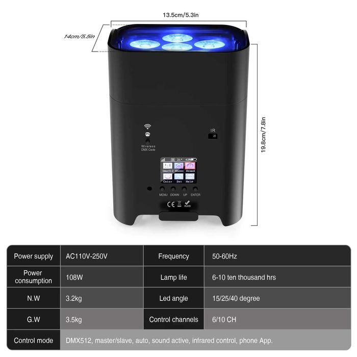 reflektor LED 108 W RGBWA + UV TORBA WiFi DMX 512 DUŻY PAR LED ZQ01528