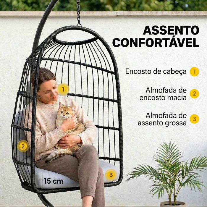 Cadeira jardim Suspensa com Suporte Cesto Dobrável Almofada Grossa e Altura Ajustável