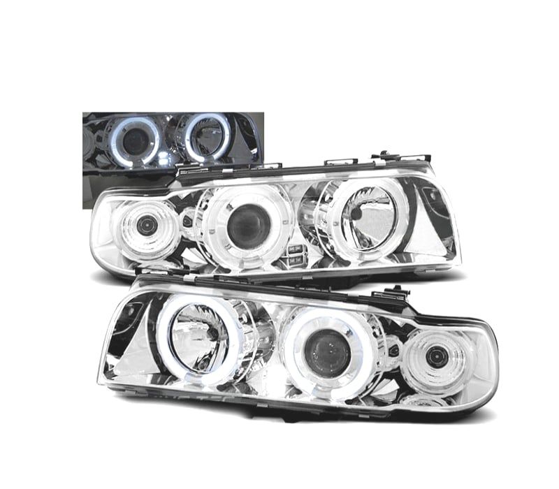 FARÓIS BMW SERIE 7 E38 94-98 ANGEL EYES FUNDO CROMADO