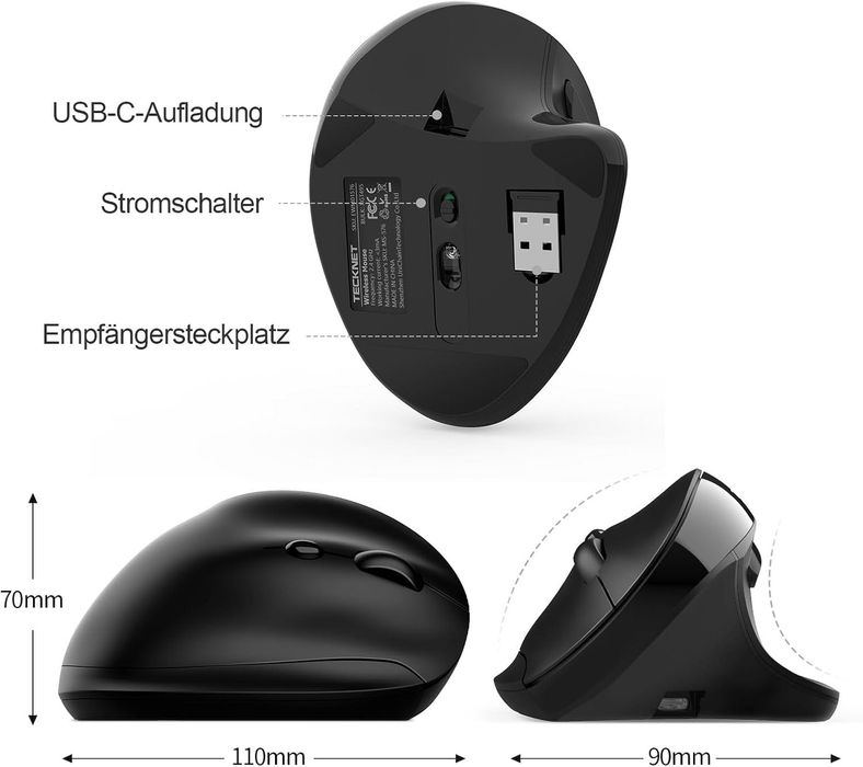 Mysz ergonomiczna TECKNET bezprzewodowa 2400 DPI