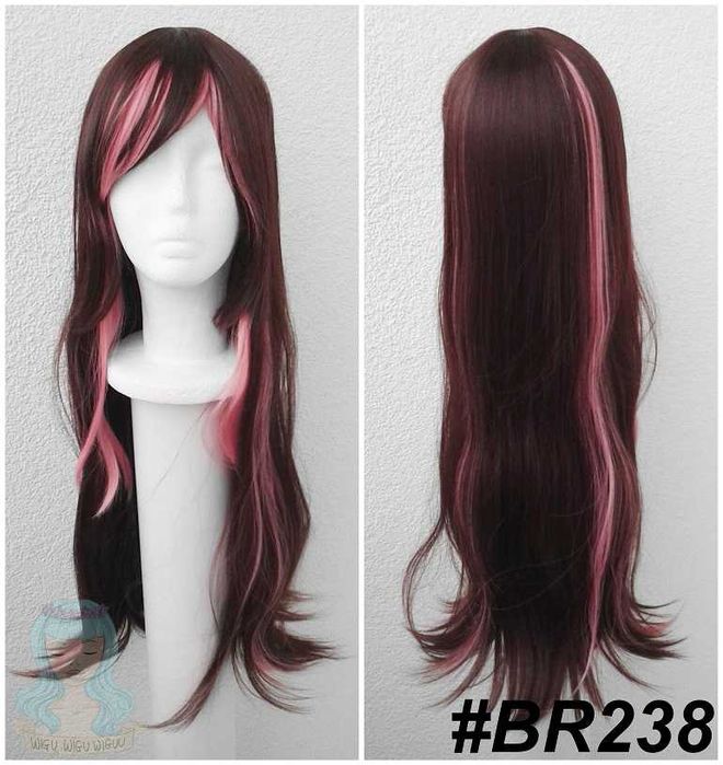 Kizuna Ai cosplay wig peruka brązowa długa z różowymi pasemkami