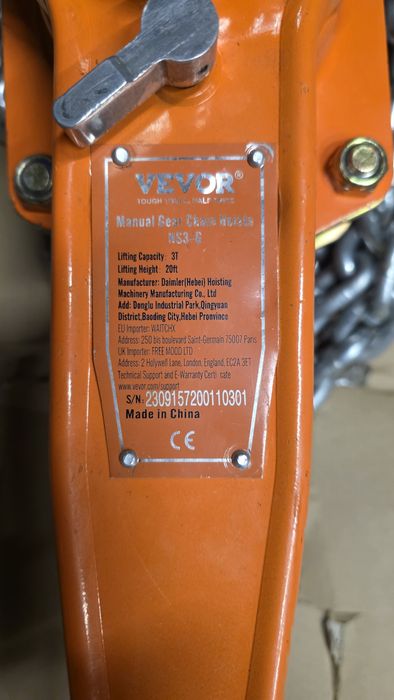 Wciągarka   VEVOR Chain Hoist 3T 20FT HS3-6