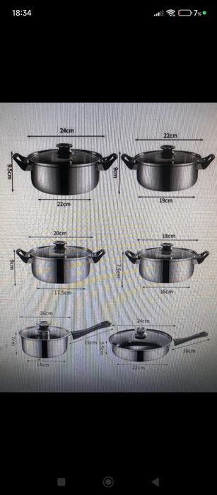 Zestaw garnków 5szt patelnia i 6 pokrywek