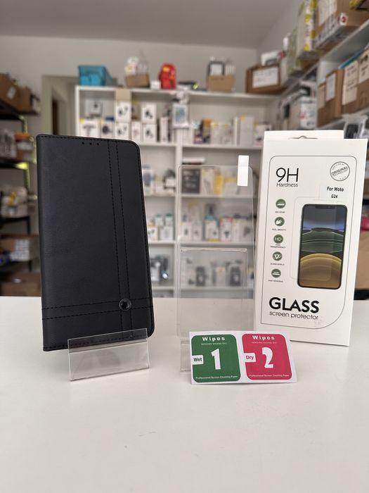 Etui Zamykane czarne + SZKŁO do Motorola moto G24 / G04 / E14