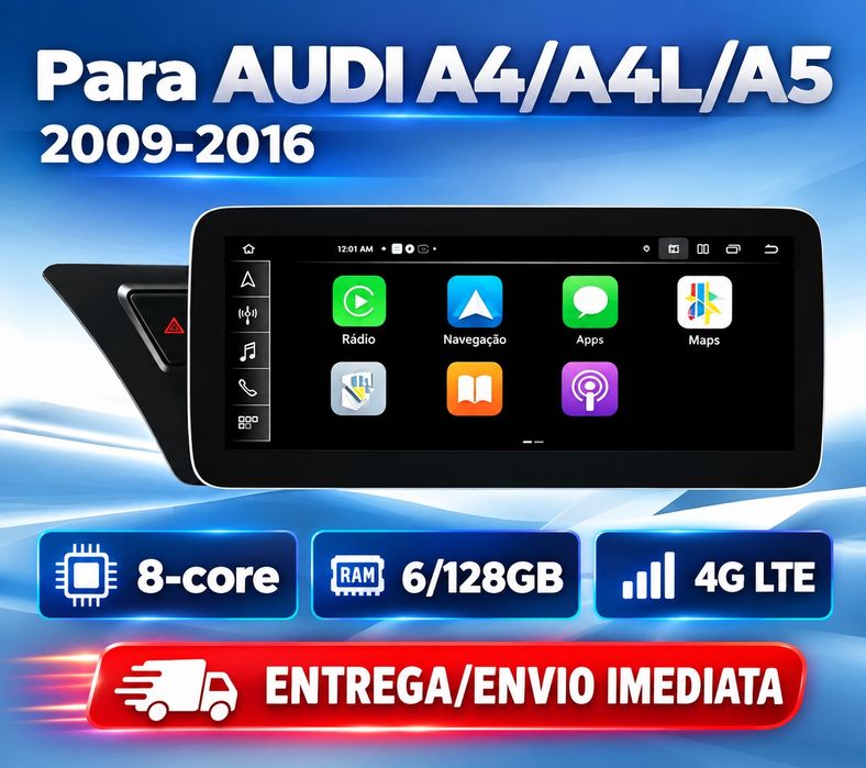 Rádio Android 8-Core 6GB/128GB para Audi A4 B8 / A4L / A5 CarPlay / Android Auto / 4G