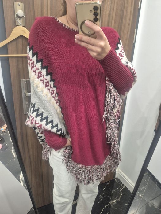 Poncho grube zimowe boho indian czerwone one size