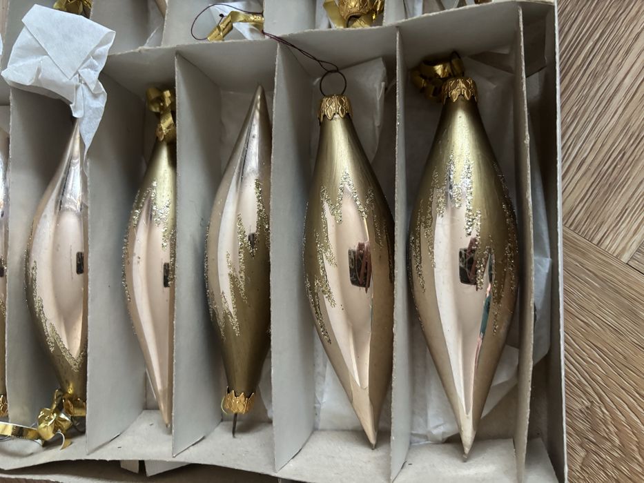 Zestaw 12 Szklanych Bombek Choinkowych Sopelki Złote Brokatowe