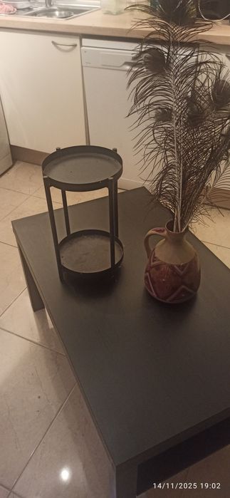 Floreira e jarra com penas de pavão