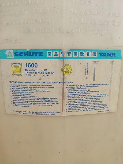 Zbiornik schutz tank 1600L na paliwo, olej opałowy