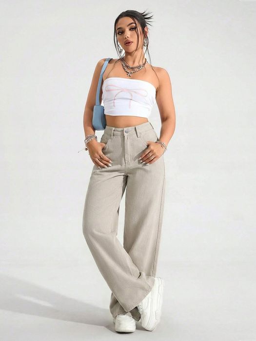 Shein casual beżowe spodnie proste z wysokim stanem bawełna 48 11ma