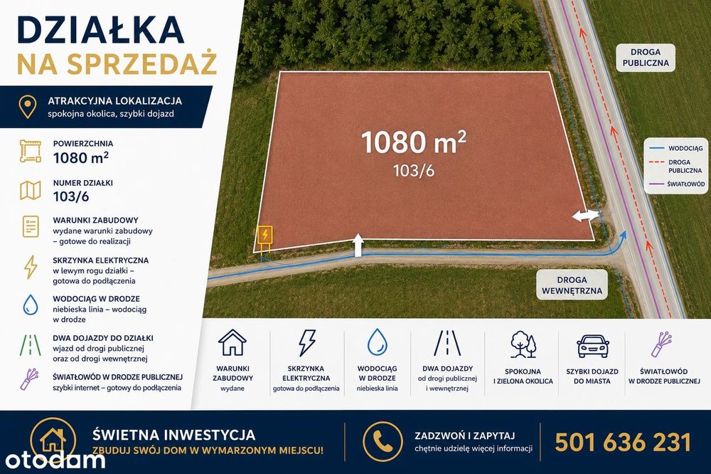 Działka budowlana 1080 m² z Warunkami Zabudowy, woda, prąd, światłowód