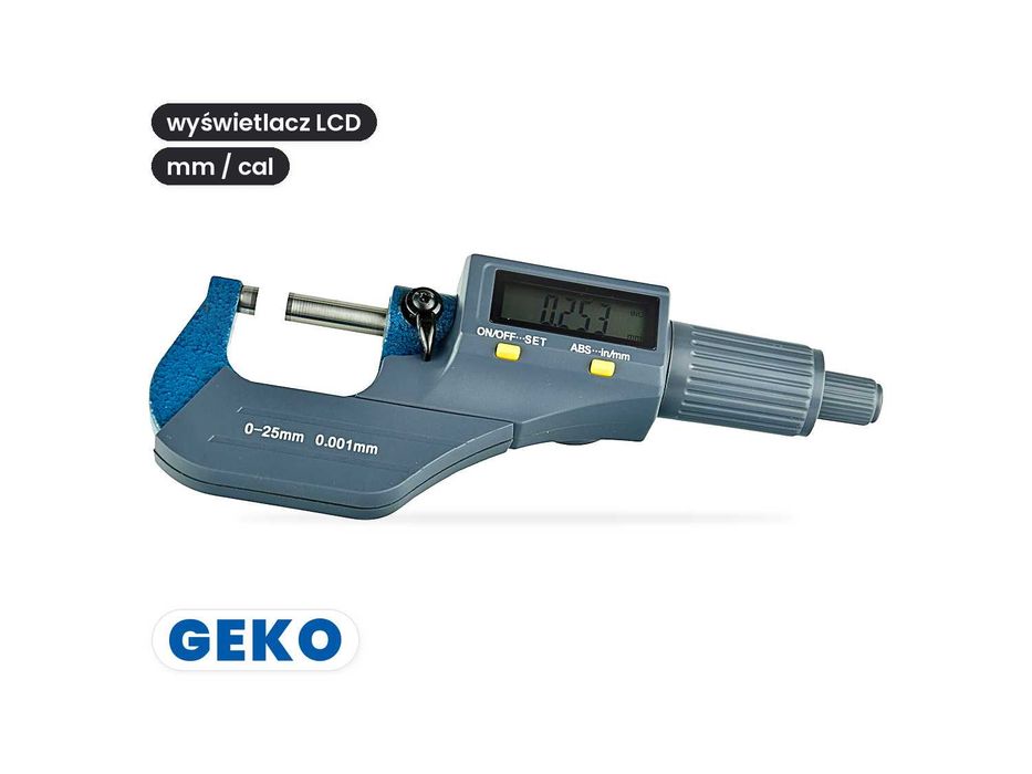 Cyfrowy MIKROMETR Geko G01487 0-25 mm, LCD, mm / cal, etui NOWY