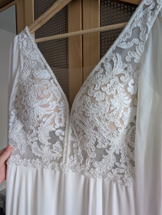 Suknia ślubna muślinowa śmietankowa błyszcząca 36/38 170cm