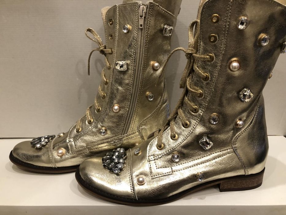 Eleganckie botki złote naturalna skóra ozdoby