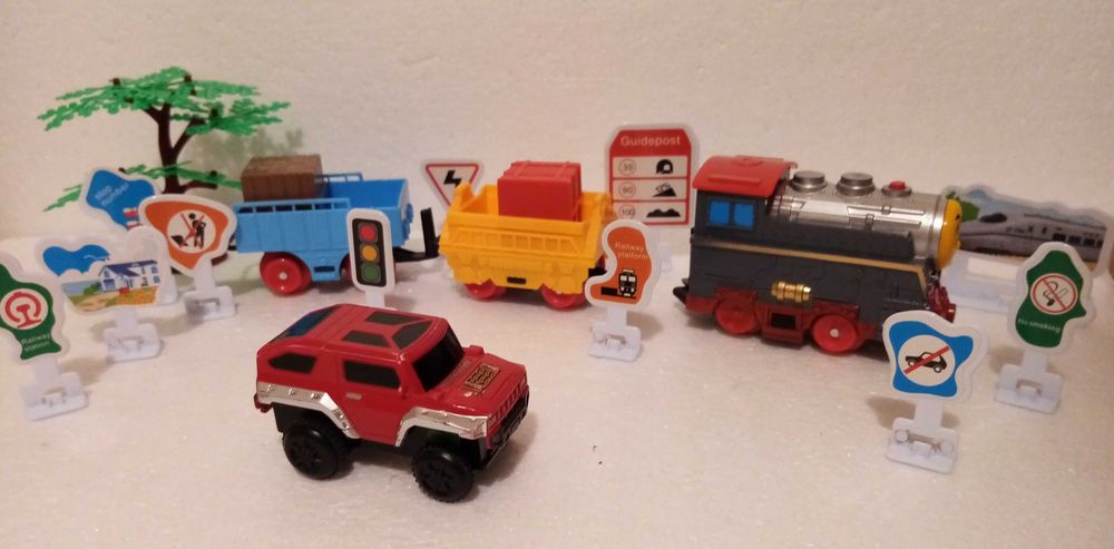 tor samochodowy i kolejka w jednym, pojazdy, oryginalny karton