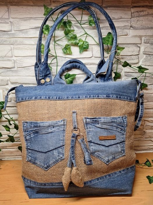 Duża torba z lnu naturalnego i jeansu - rękodzieło.