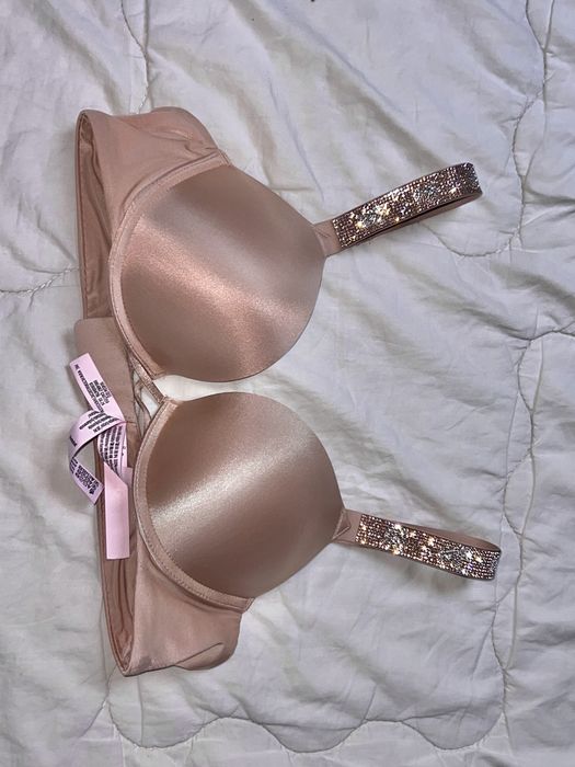 Biustonosz stanik push up bombshell Victoria's Secret srebrne cyrkonie kryształki ramiączka nude beżowy cielisty 80A 36A