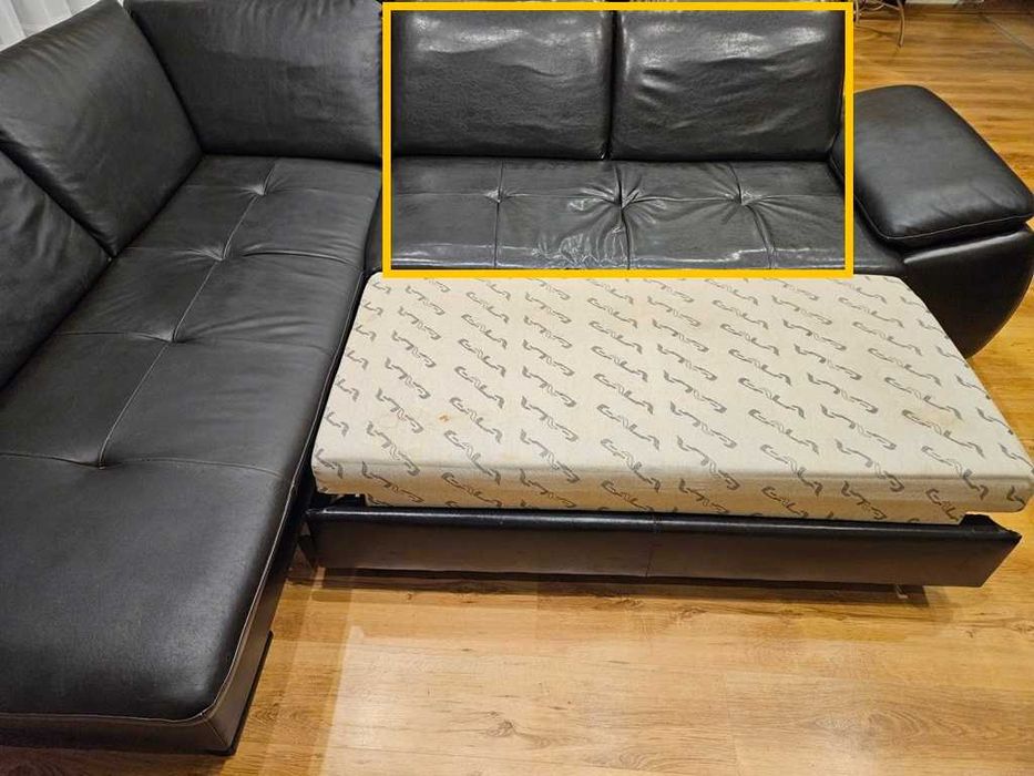 Narożnik prawy skórzany czarny duży wypoczynek z funkcją spania kanapa