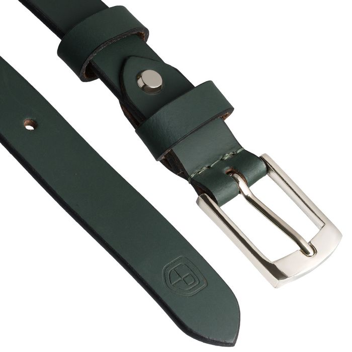 skórzany, zielony pasek damski ze srebrną, klasyczną klamrą