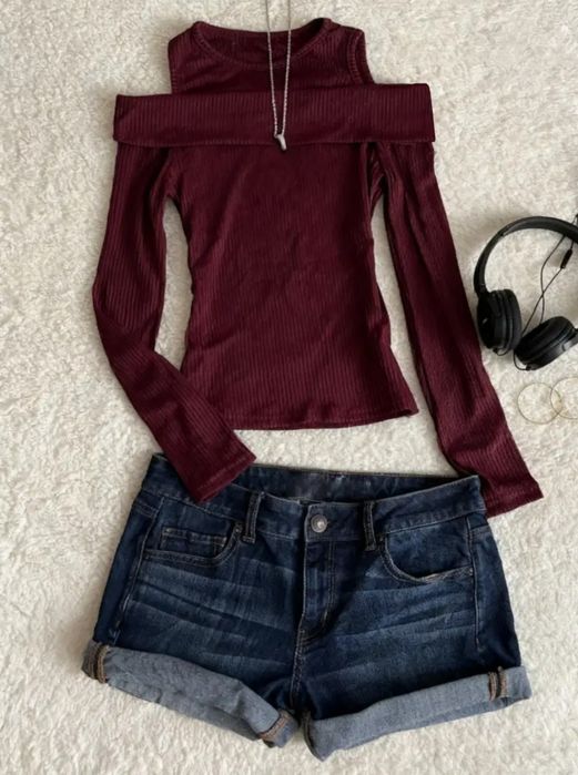 Червоний лонгслів без плечів даунтаун y2k