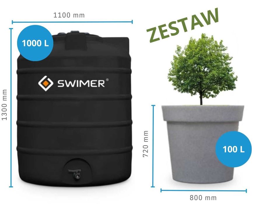 Zbiornik do wody deszczowej SWIMER 1000 L + Donica dekoracyjna 100 L