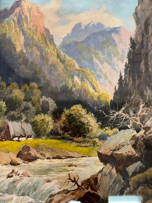 Piękny pejzaż - Alpy 32x26x5cm Karl Flieher 1942r.