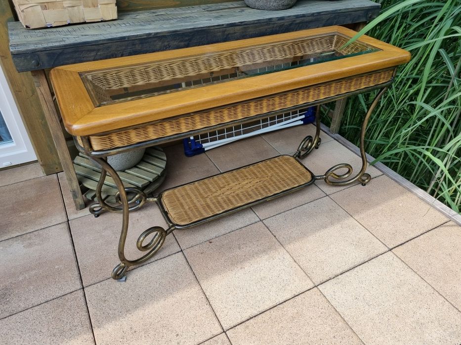 Konsola dąb - rattan 132 x 70,5 x 45 cm