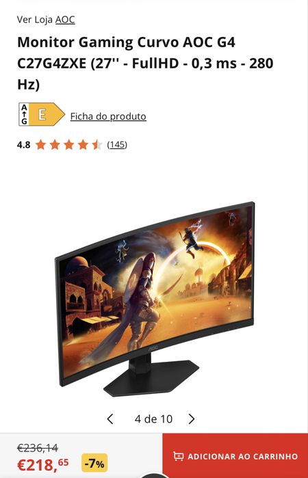 Monitor Gaming Curvo AOC G4 C27G4ZXE (27'' - FullHD - 0,3 ms - 280 Hz)