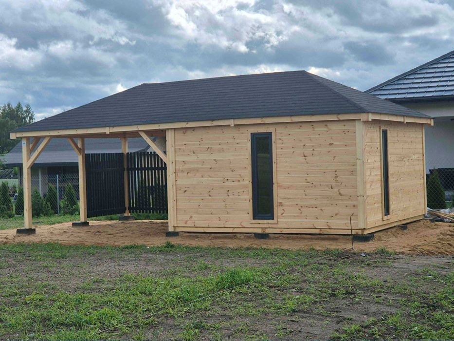 Domek narzędziowy z altaną • • • • BLANCA • • • • 8x4 m czarne lamele DREWNOTRIK