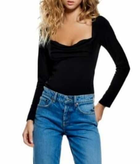 Body czarne długi rękaw figi marszczony dekolt opinające zara S M