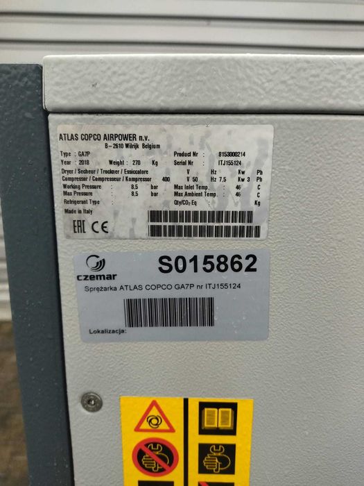 Sprężarka śrubowa Atlas Copco GA7P,7,5 KW,S015862