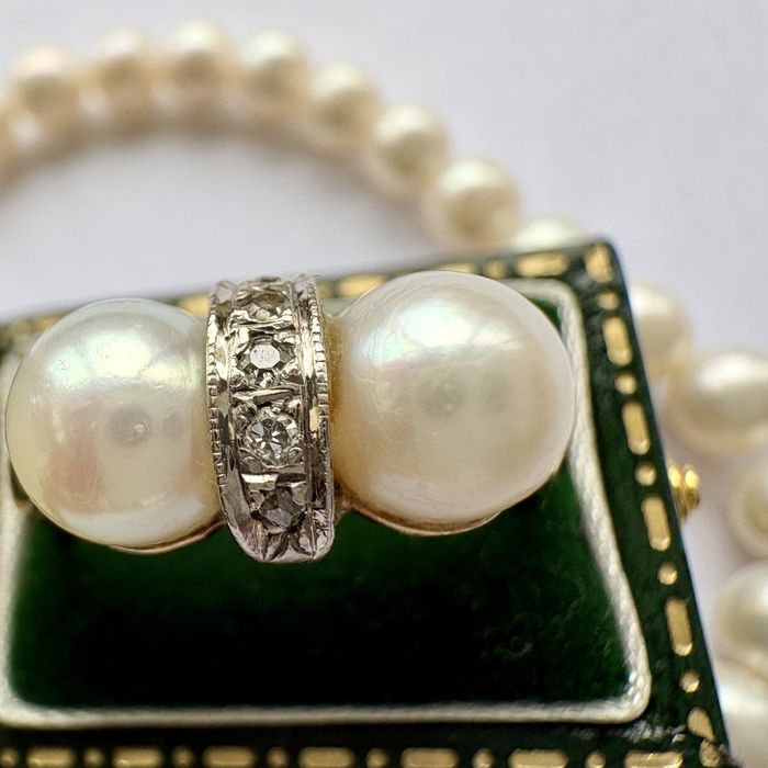 Art Deco Austria lata 20-te Pierścionek Złoto 14k Perły Diamenty R16