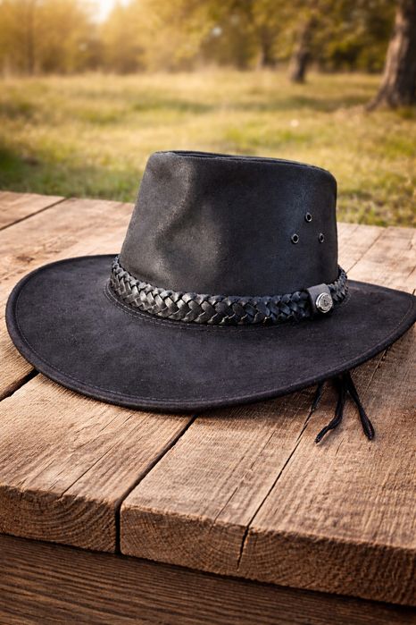 Czarny skórzany kapelusz kowbojski firmy Australijskiej