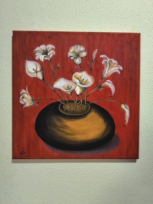 Quadro a óleo pintado à mão 40cmx40cm jarra com flores