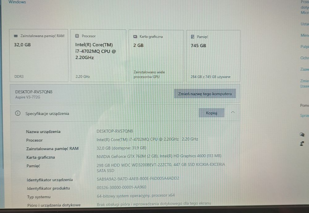 Laptop ACER V3 772G, 17 cali ekran, procesor i7, 32 Gb RAMu, SSD