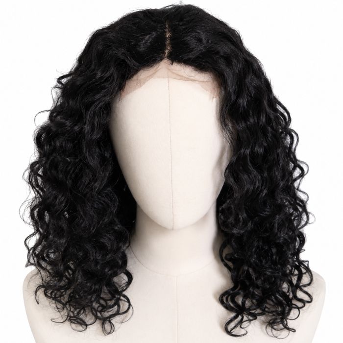 Peruka Lace Front czarna kręcona damska 52 cm naturalny przedziałek